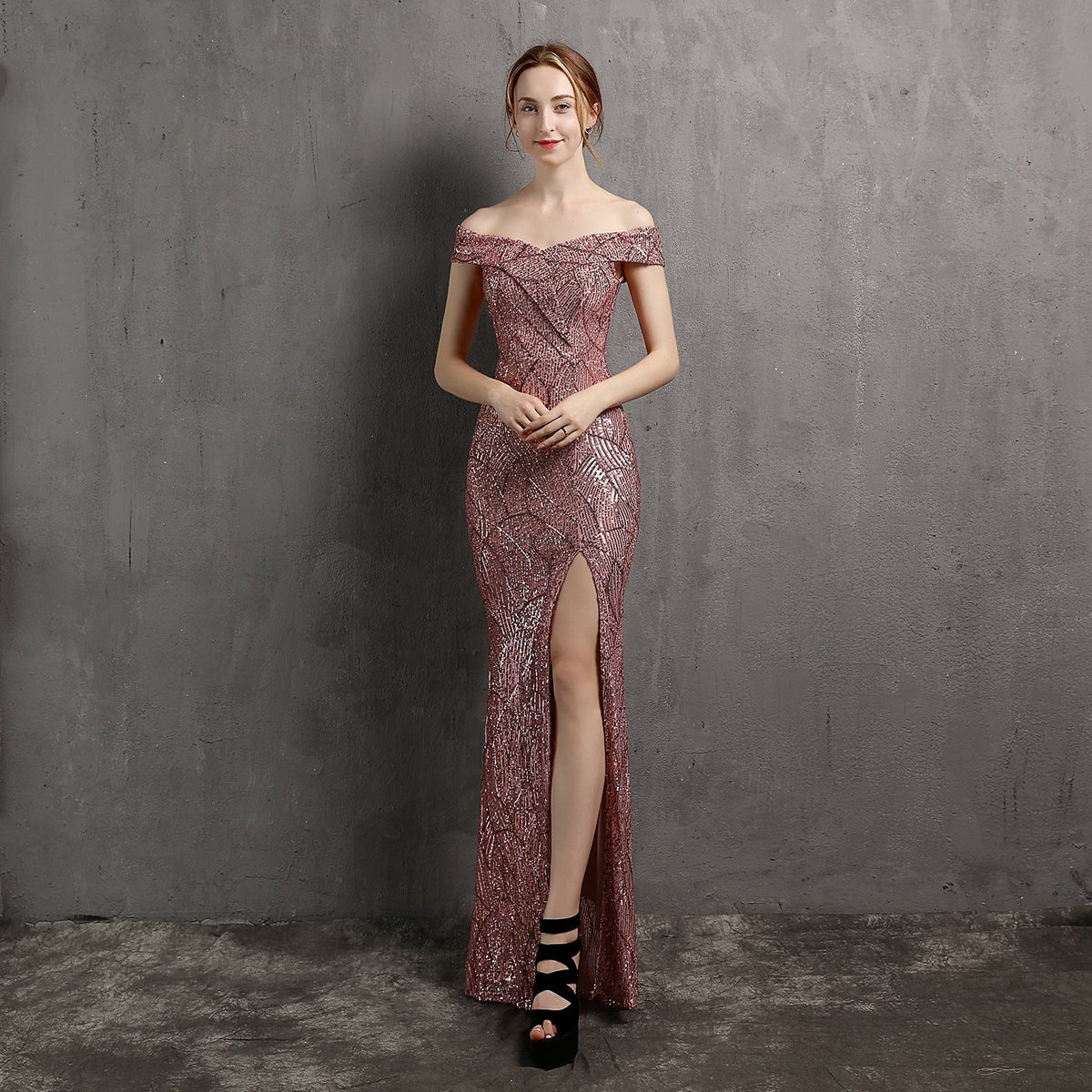 Clara Glitter Off the Shoulder Split Dress For Prom - Lady Occasions