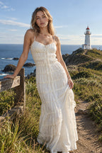 Lace Pleated Backless Suspender Maxi Dress