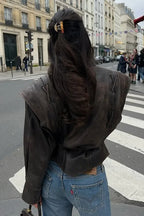 Faux-Leather Vintage-Inspired Jacket with V-Neckline