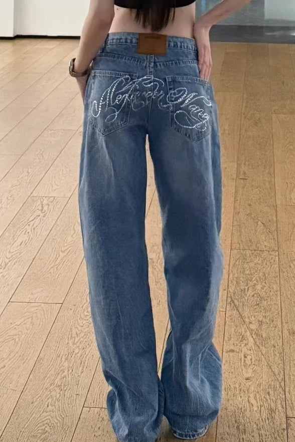 Vintage-Inspired Lettered Rhinestone-Detail Wide-Leg Jeans