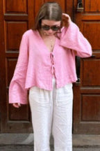 Plunging V-Neck Cotton Blouse with Flared Sleeves
