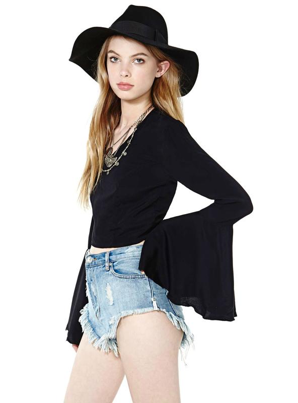 Flared-Sleeve Polyester Top with V-Neckline