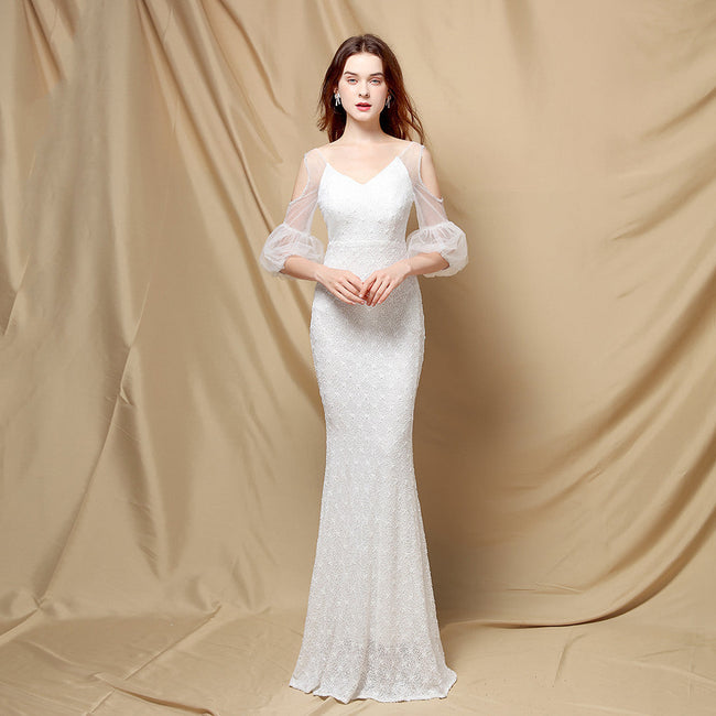 Sequined Mesh Maxi Dress with Puff Sleeves Main image