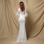 Sequined Mesh Maxi Dress with Puff Sleeves