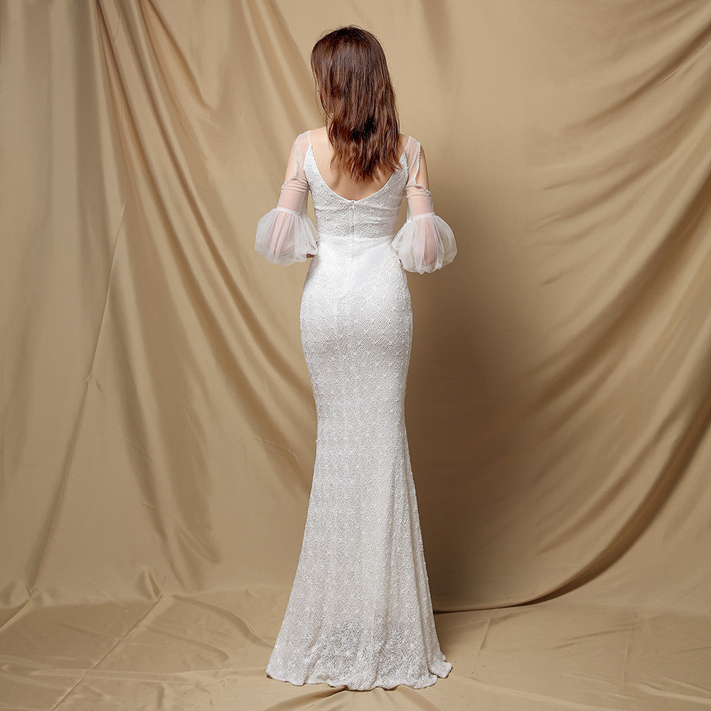 Sequined Mesh Maxi Dress with Puff Sleeves