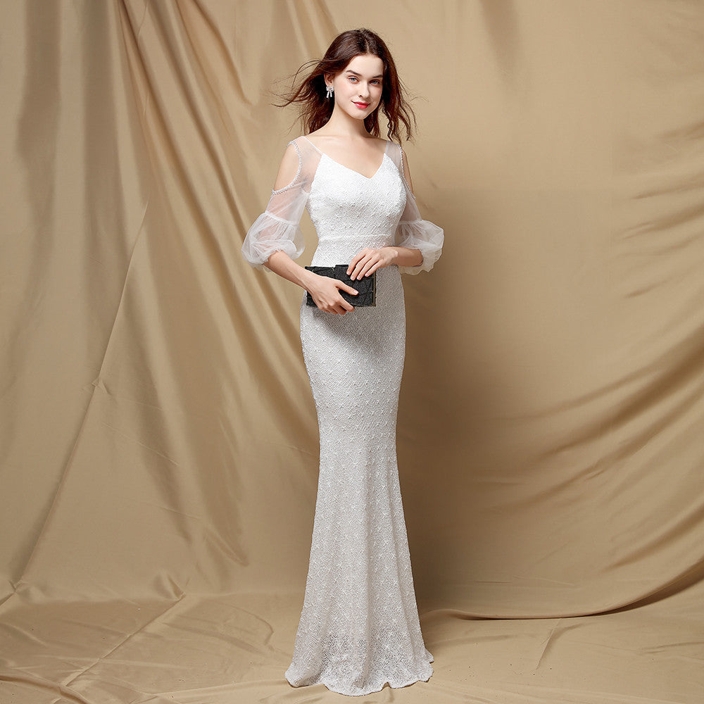 Sequined Mesh Maxi Dress with Puff Sleeves