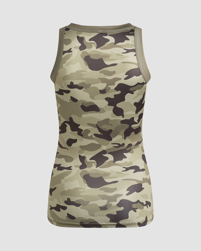 Camo-Print Polyester Tank Top with Sleeveless Cut