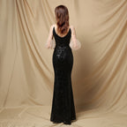 Sequined Mesh Maxi Dress with Puff Sleeves