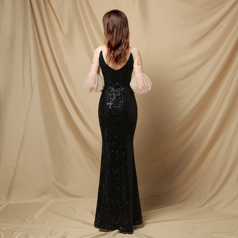 Sequined Mesh Maxi Dress with Puff Sleeves