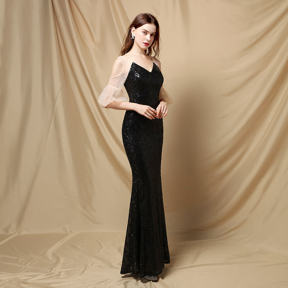 Sequined Mesh Maxi Dress with Puff Sleeves