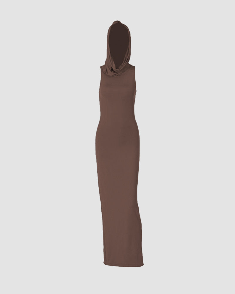 Hooded Stretch-Blend Maxi Dress with Polyester Fabric