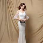 Sequined Mesh Maxi Dress with Puff Sleeves