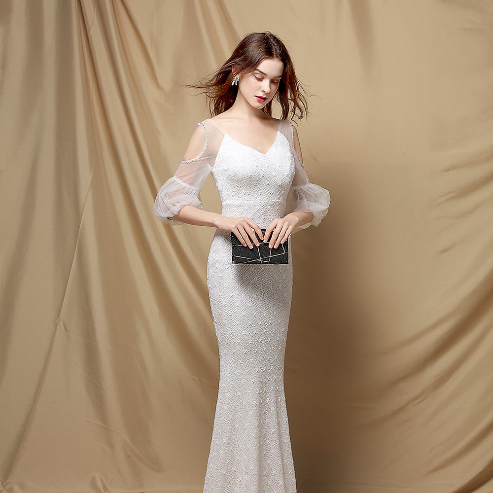Sequined Mesh Maxi Dress with Puff Sleeves
