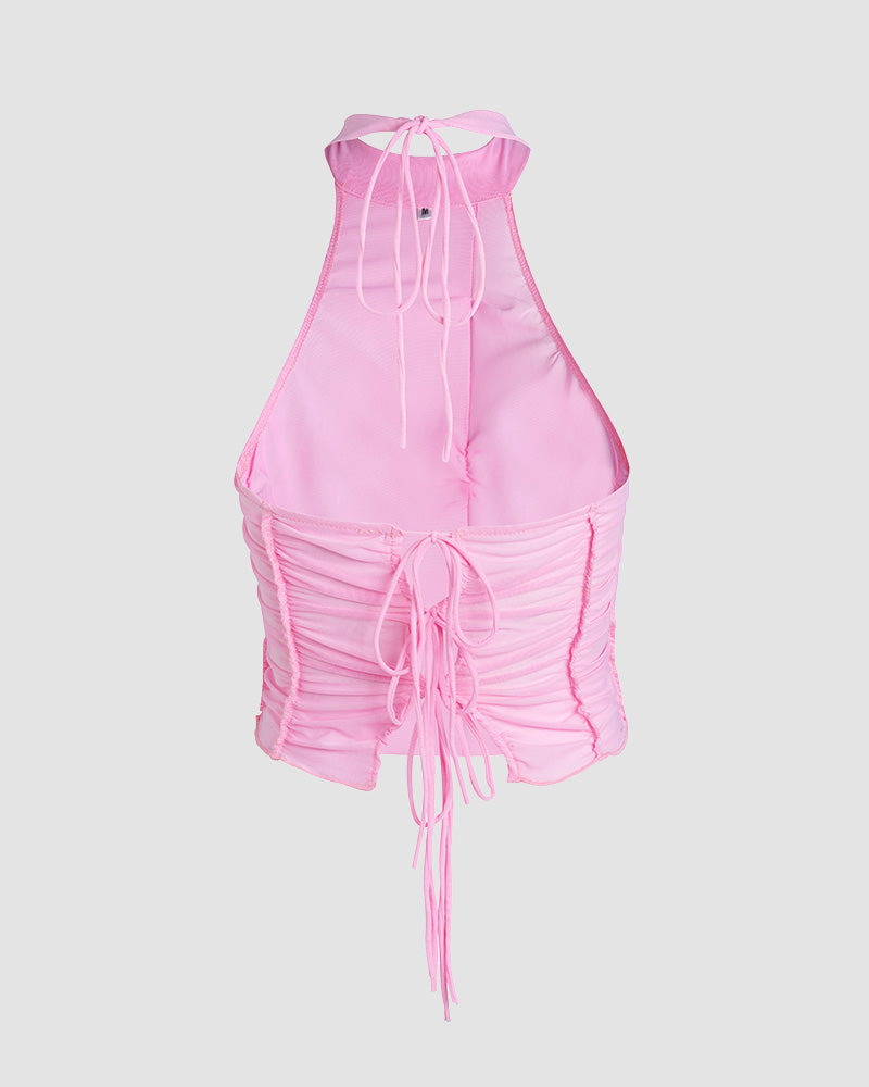 Pleated Stretch-Blend Cropped Top with Polyester Fabric