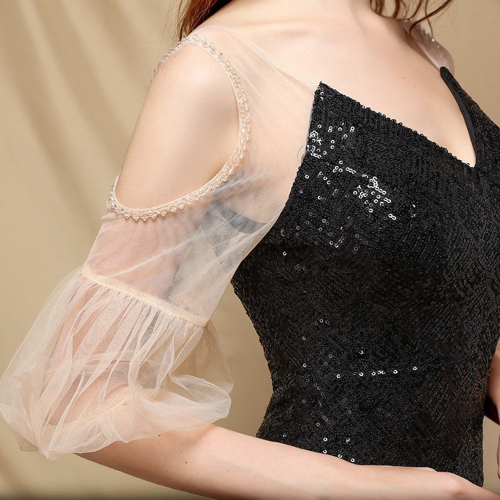 Sequined Mesh Maxi Dress with Puff Sleeves