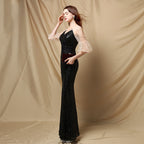 Sequined Mesh Maxi Dress with Puff Sleeves