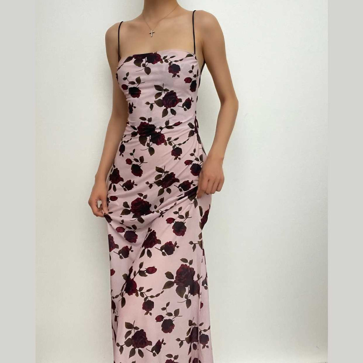 Floral Open-Back Midi Dress with Contrast Details