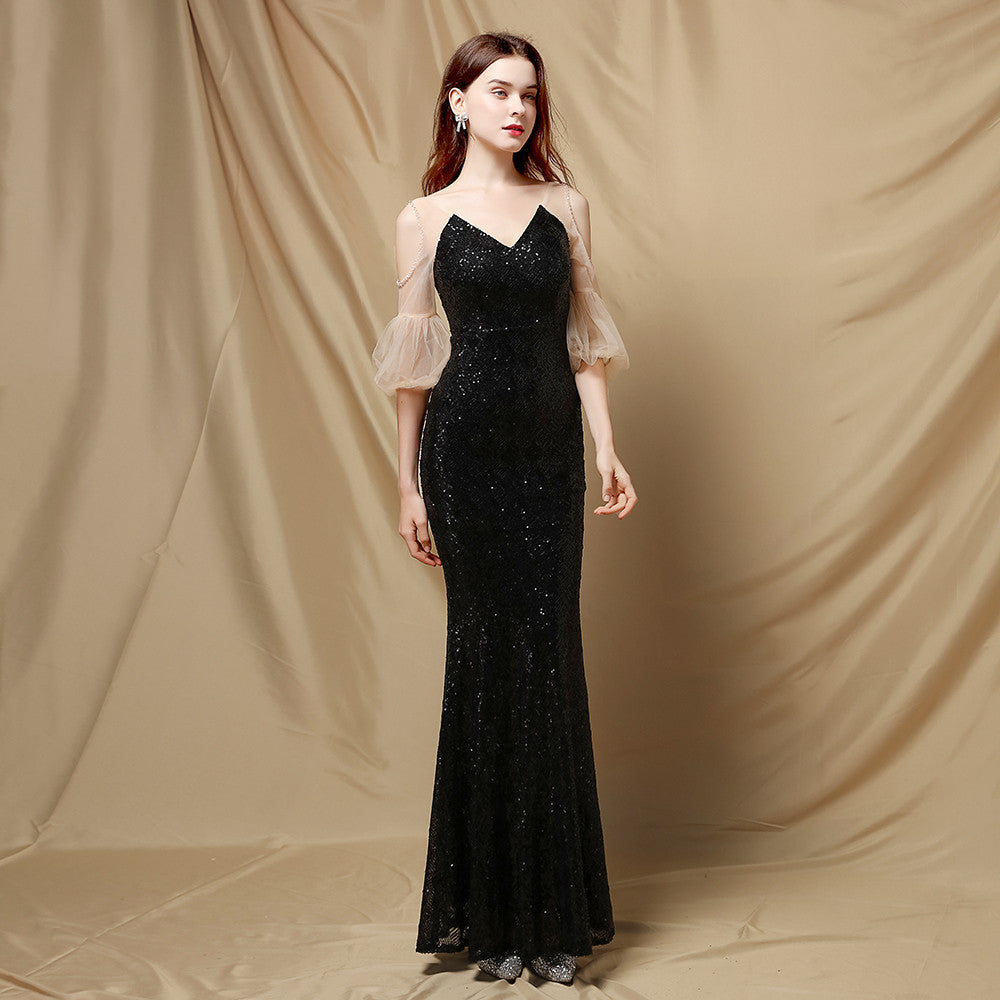 Sequined Mesh Maxi Dress with Puff Sleeves
