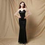 Sequined Mesh Maxi Dress with Puff Sleeves