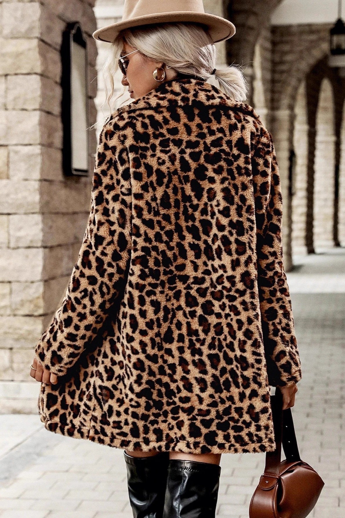 Leopard-Print Plush Coat with Notched Lapels