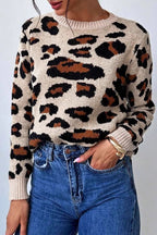 Leopard-Print Crew-Neck Contrast-Detail Sweater