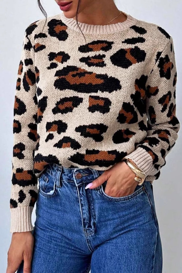 Leopard-Print Crew-Neck Contrast-Detail Sweater