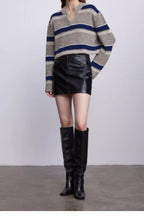 Striped Knit Sweater with V-Neckline
