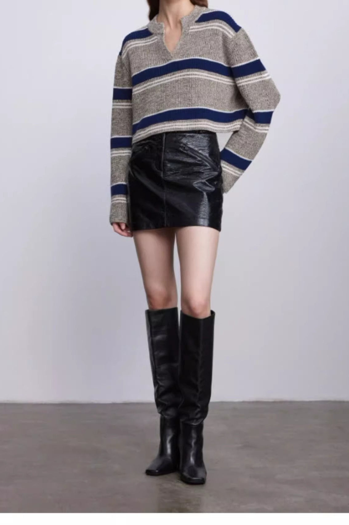 Striped Knit Sweater with V-Neckline