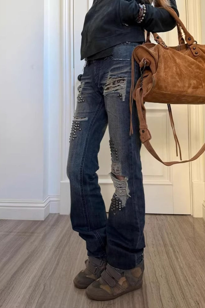 Studded Washed Flared Jeans with Distressed Details