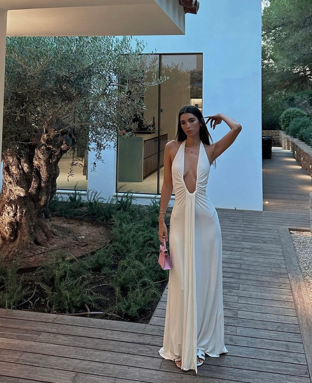 Cupro Maxi Dress with Plunging Neckline