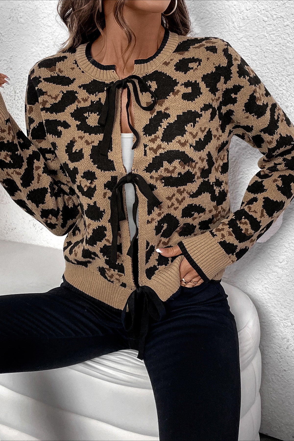 Leopard-Print Knit Cardigan with Ribbon Details