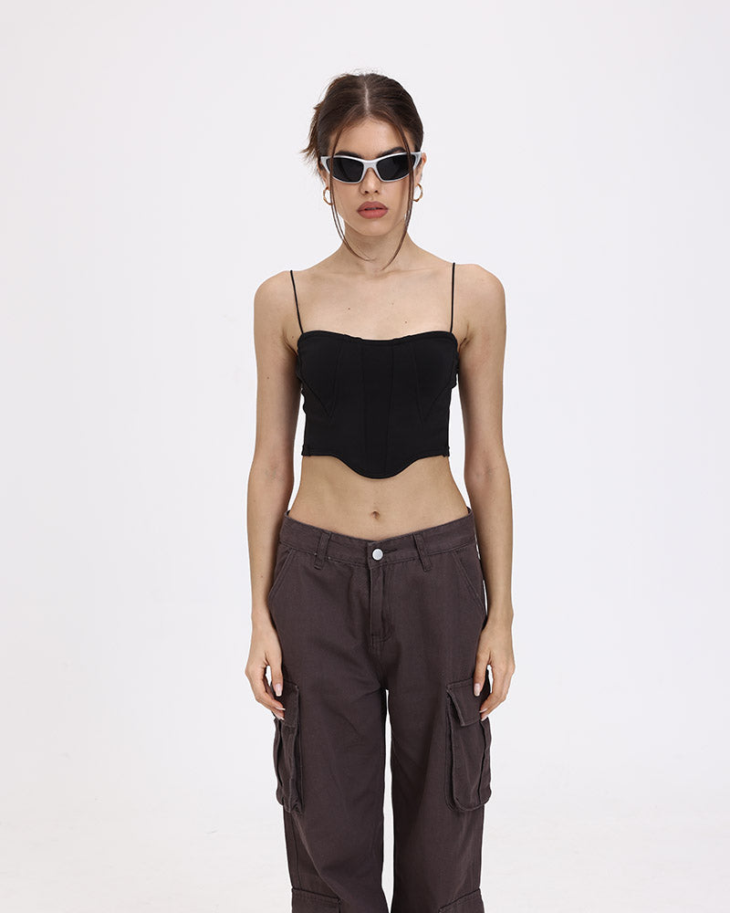 Lettuce-Edge Stretch-Blend Cropped Top with Polyester Fabric