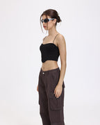 Lettuce-Edge Stretch-Blend Cropped Top with Polyester Fabric