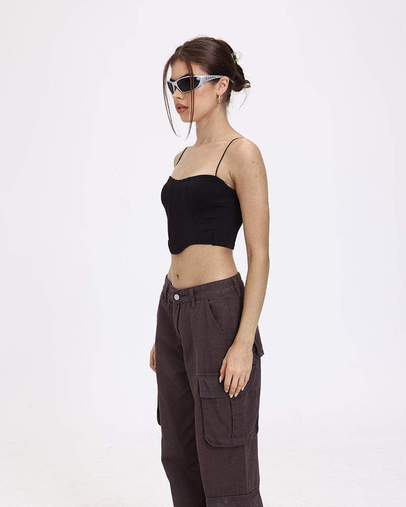 Lettuce-Edge Stretch-Blend Cropped Top with Polyester Fabric