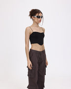 Lettuce-Edge Stretch-Blend Cropped Top with Polyester Fabric