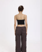 Lettuce-Edge Stretch-Blend Cropped Top with Polyester Fabric