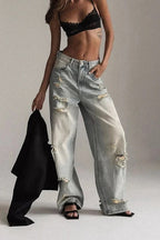 High-Rise Straight-Leg Jeans with Distressed Details