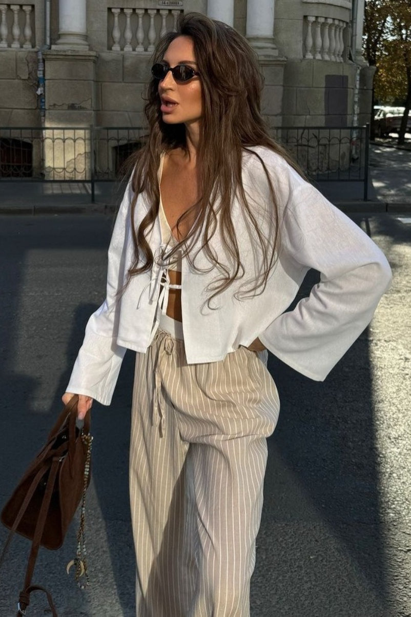 Plunging V-Neck Cotton Blouse with Flared Sleeves