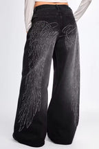 Wing-Graphic Rhinestone-Detail Wide-Leg Jeans