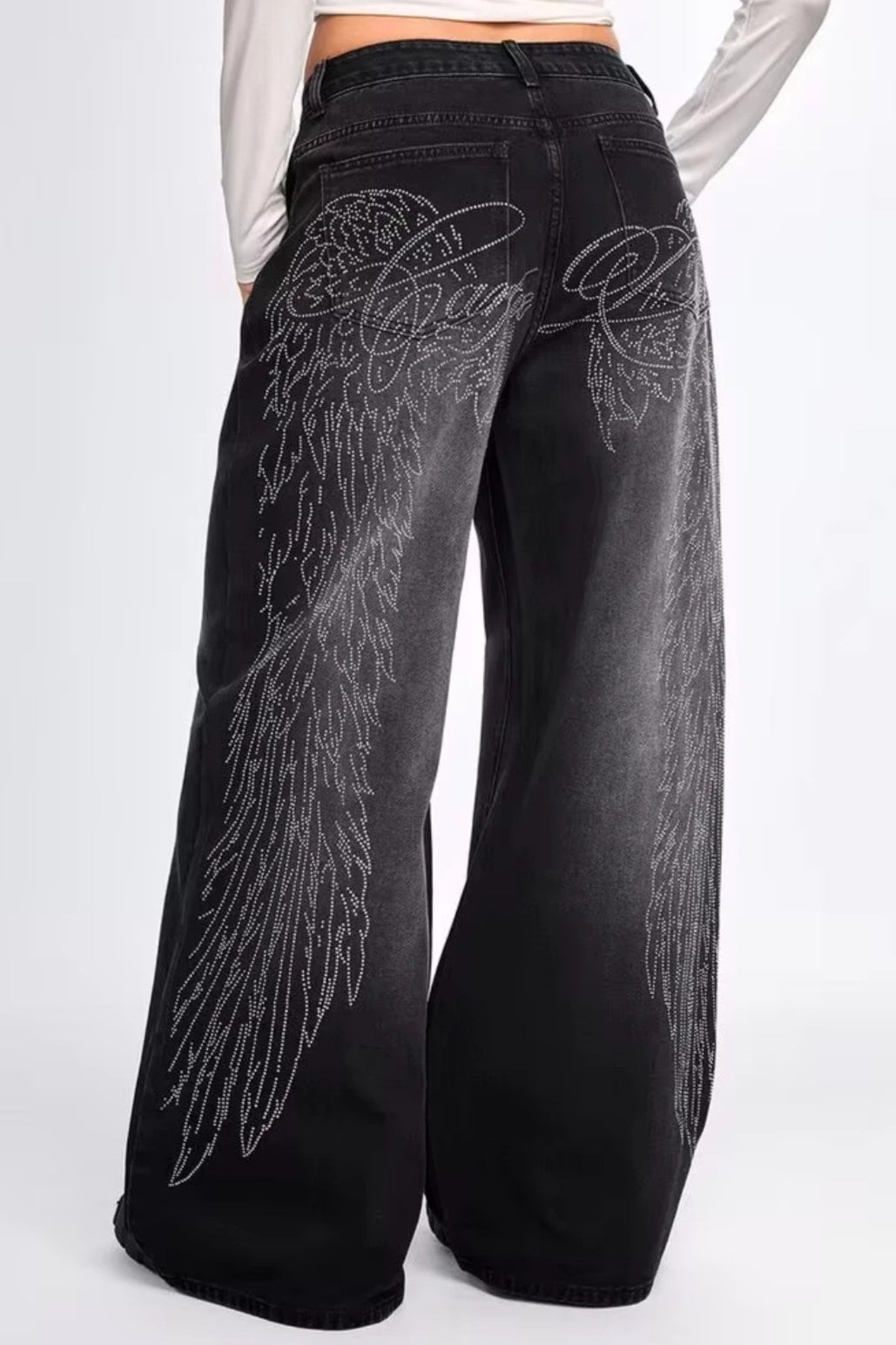 Wing-Graphic Rhinestone-Detail Wide-Leg Jeans