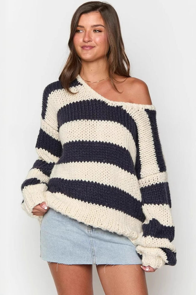 Striped Knit Sweater with Off-Shoulder Neckline Main image