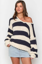 Striped Knit Sweater with Off-Shoulder Neckline