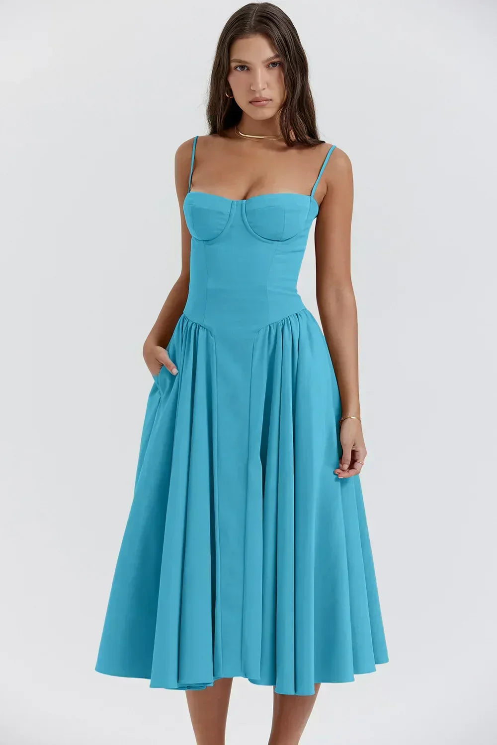 Corset-Style Midi Sundress with Sleeveless Cut