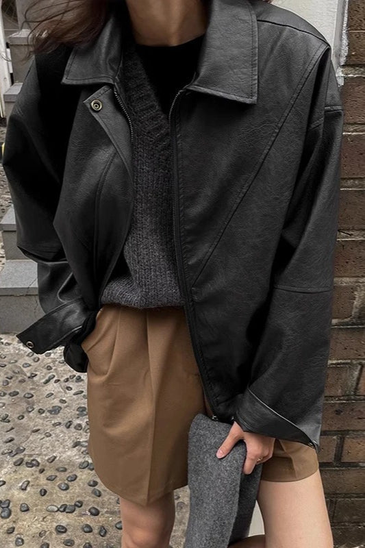 Faux-Leather Vintage-Inspired Jacket with Zip Detail