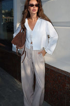 Plunging V-Neck Cotton Blouse with Flared Sleeves