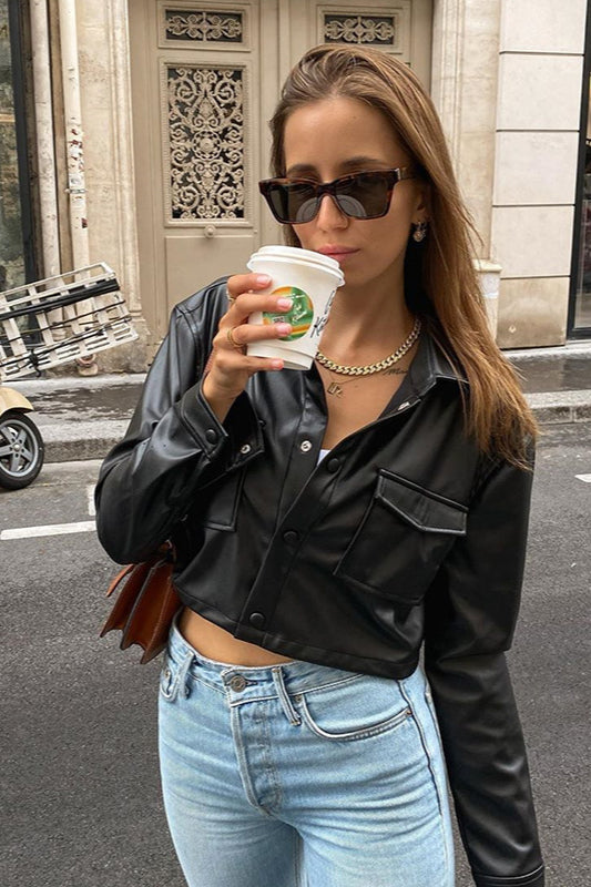 Faux-Leather Cropped Coat with Lapel Collar Main image