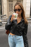Faux-Leather Cropped Coat with Lapel Collar