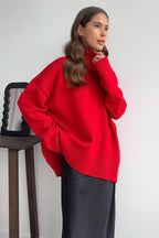 Knit Solid-Color Sweater with High Neckline