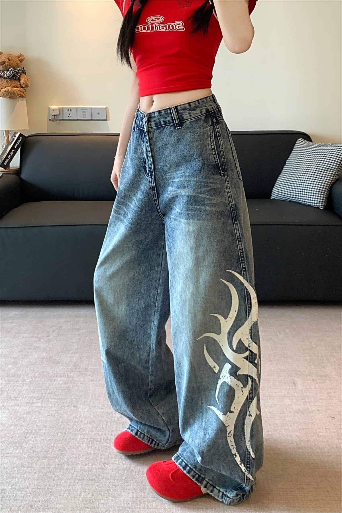 Distressed Straight-Leg Jeans with Print Details
