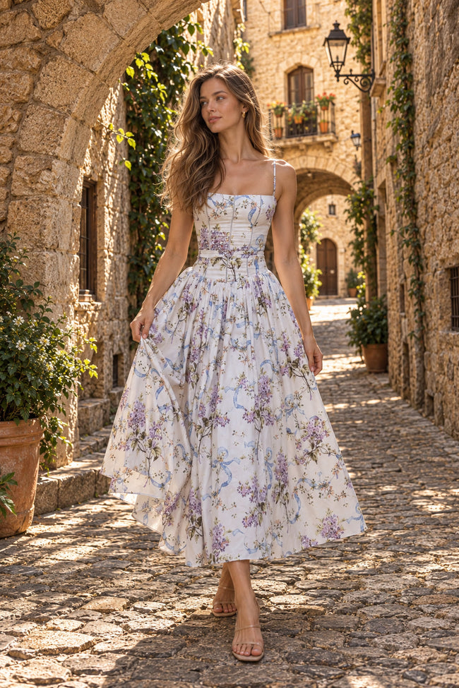 Rayon Printed Strap Pleated Chic Maxi Dress Main image